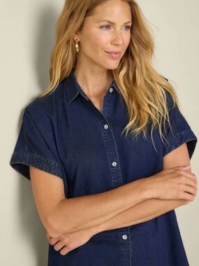 Soft Surroundings Je Veux TENCEL Denim Short-Sleeve Button-Down Shirt 1X